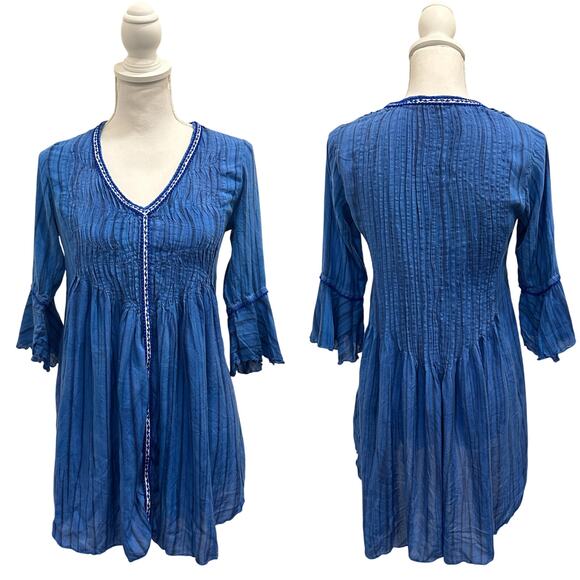 Poupette St. Barth Blue Crinkle Mini Tunic Dress Cover-Up Boho Mermaid Hippie - Picture 1 of 13